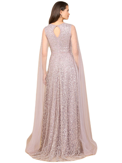 Lara New York Beaded Lace Gown With Cape Sleeves In Neutral