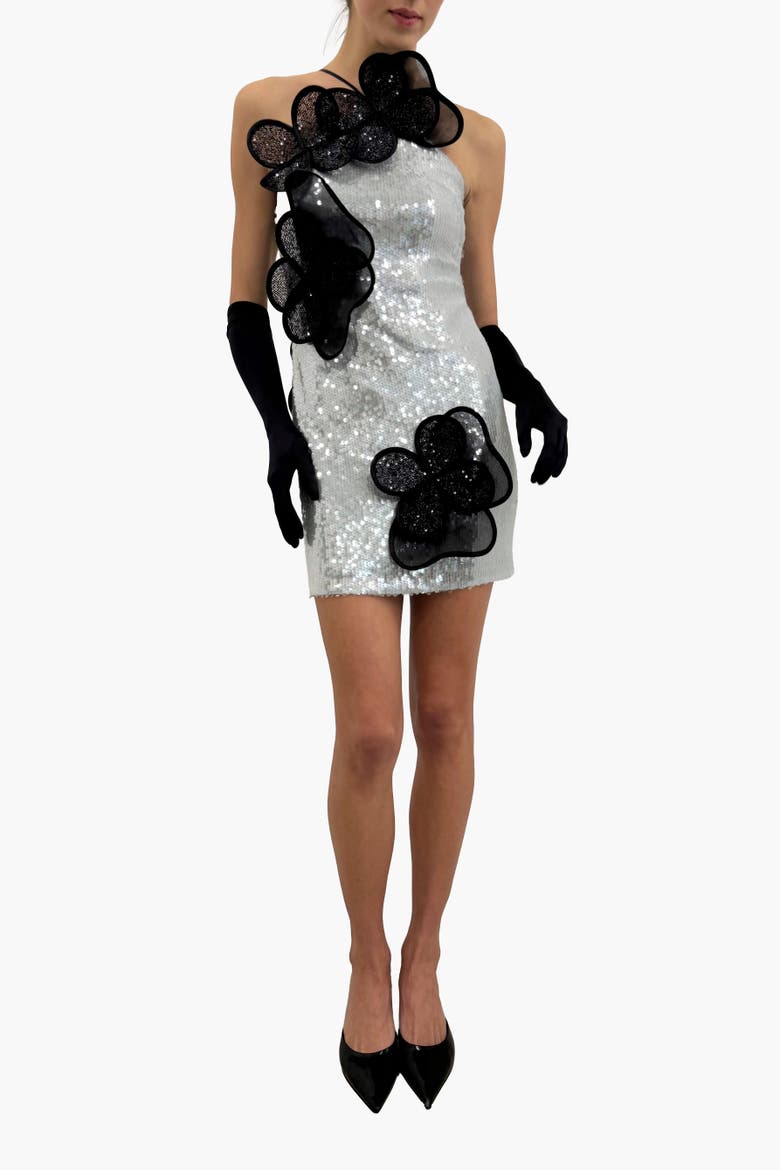 Sequin Mini Dress With Layered Floral Appliques, Alternate, color, Light Blue