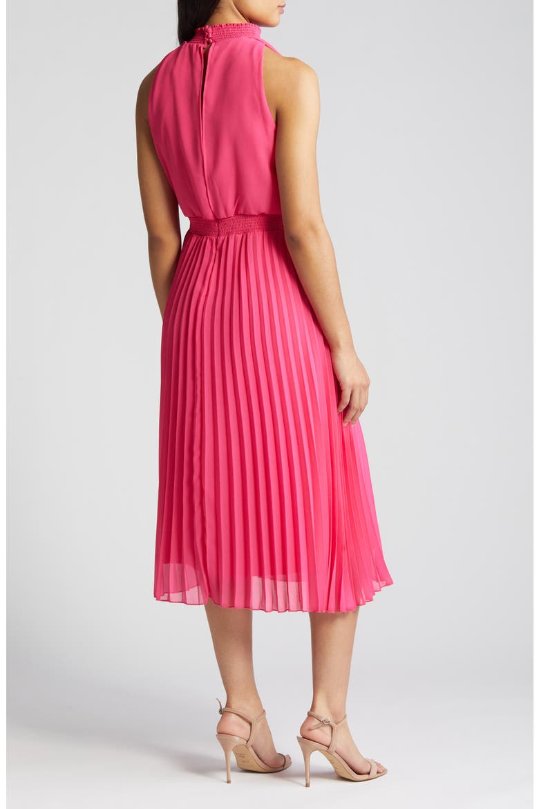 Smocked Plissé Midi Dress, Alternate, color, HOT PINK