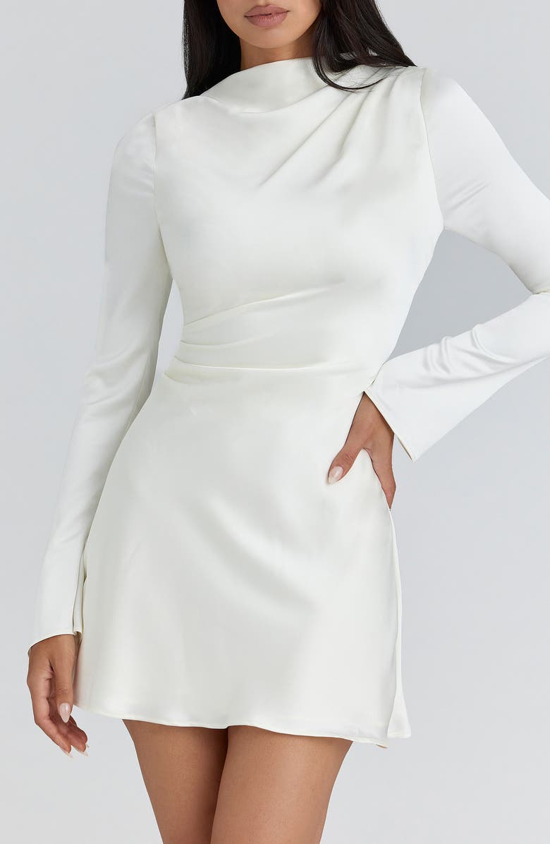 HOUSE OF CB Lulu Pleated Long Sleeve Satin Minidress, Alternate, color, Ivory