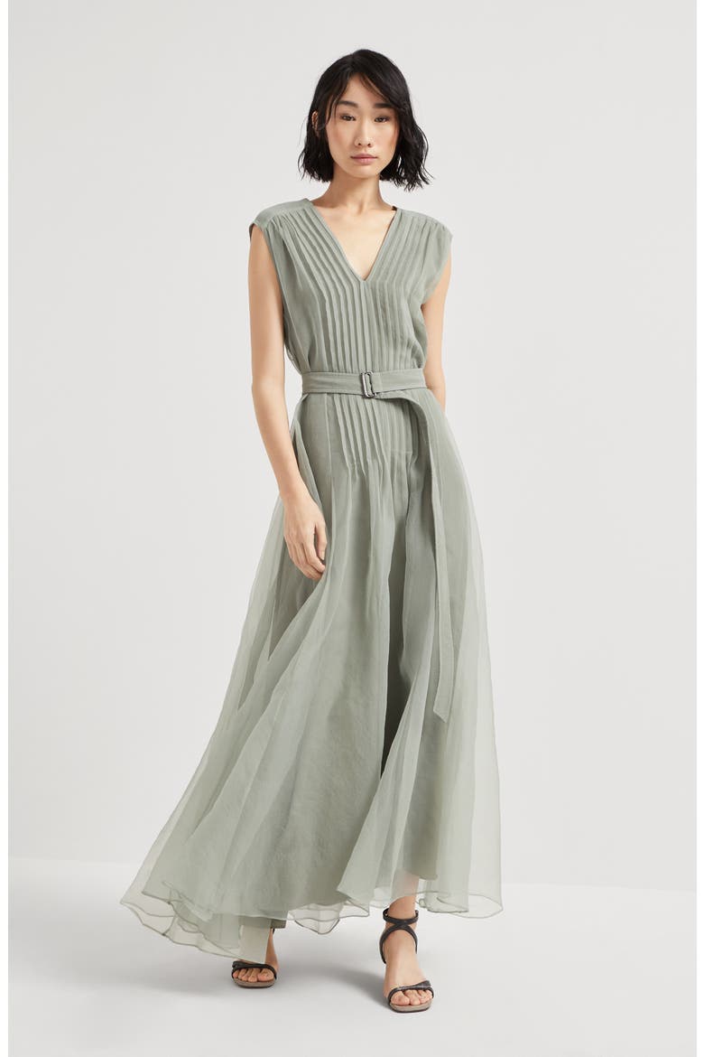Crispy silk dress with monili, Alternate, color, Olive