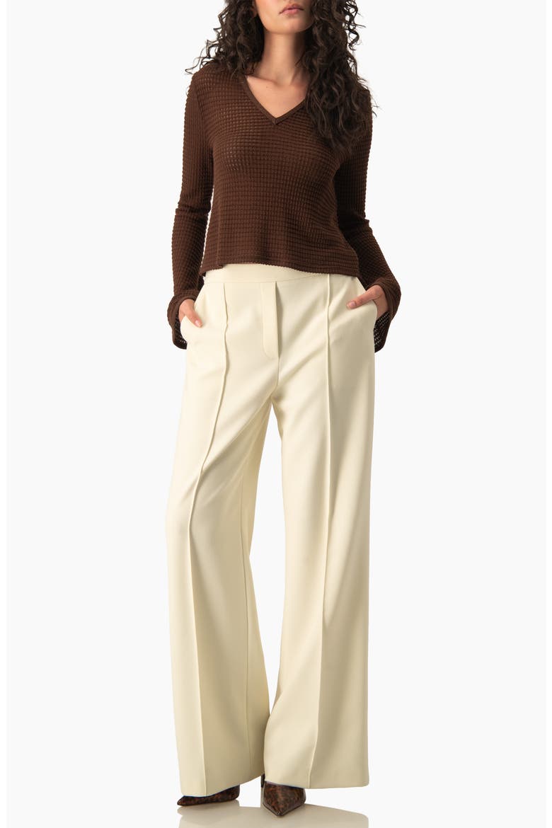 Waffle-knit V-neck Flared Bell-sleeve Cropped Sweater, Alternate, color, Brown