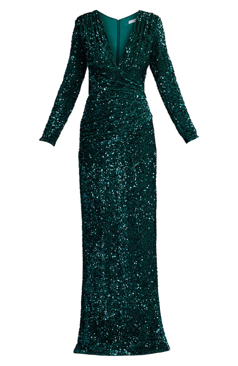 SHO by Tadashi Shoji Sequin Wrap Front Long Sleeve Gown, Alternate, color, Jungle Green