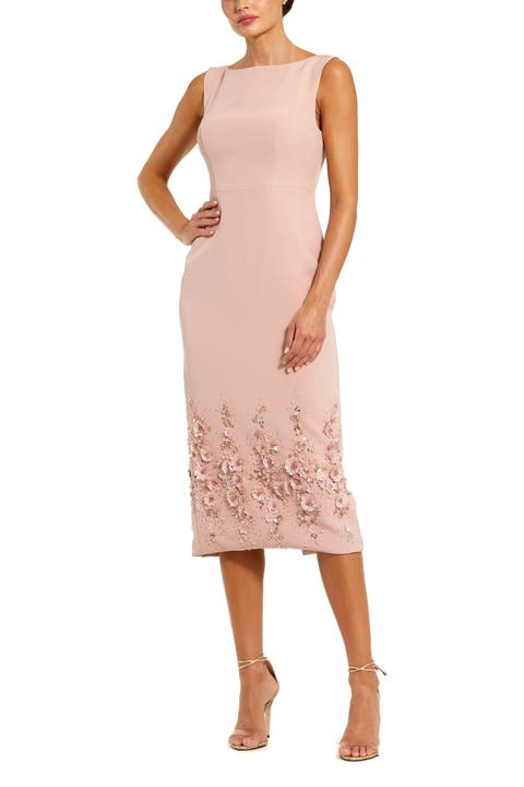 Crepe Sleeveless Midi Dress With Flower Beading