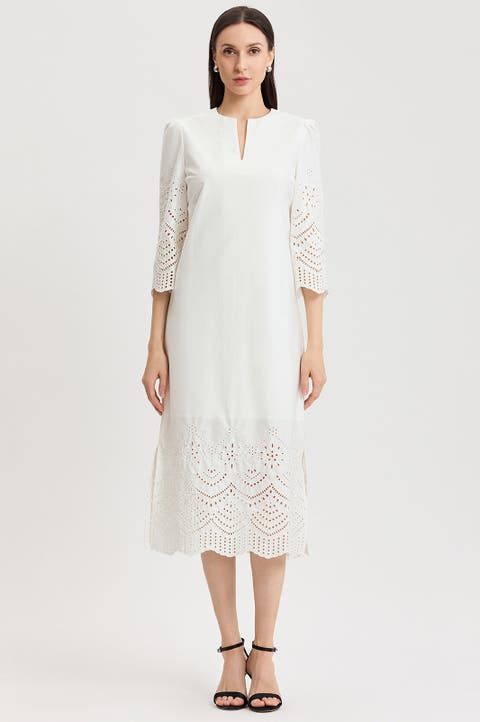 Eyelet Straight Cotton Maxi Dress