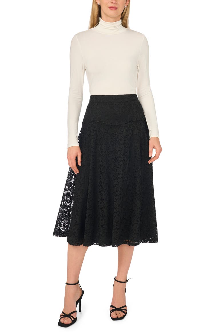 Lace Godet Midi Skirt, Alternate, color, RICH BLACK