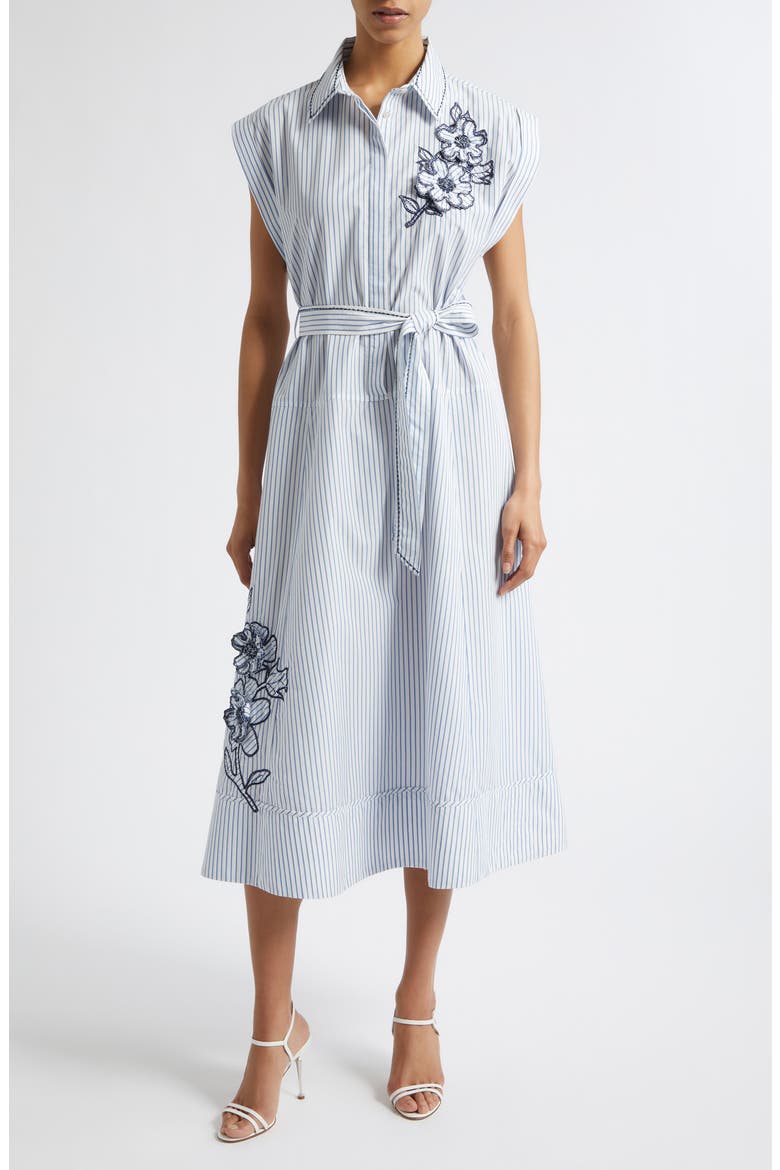 Callie Floral Appliqué Stripe Midi Shirtdress, Main, color, WHITE MULTI