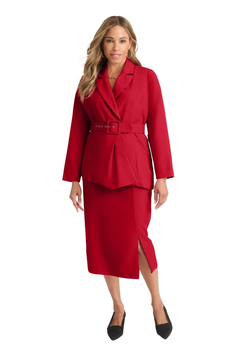 Jessica London Belted Skirt Suit, Main, color, Classic Red