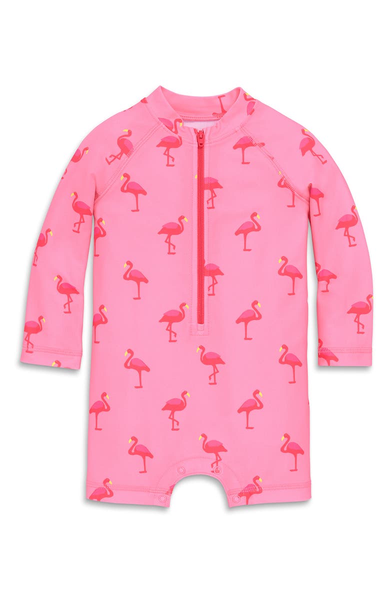 Primary Long Sleeve One-Piece Rashguard Swimsuit, Main, color, Pink Lemonade Flamingos