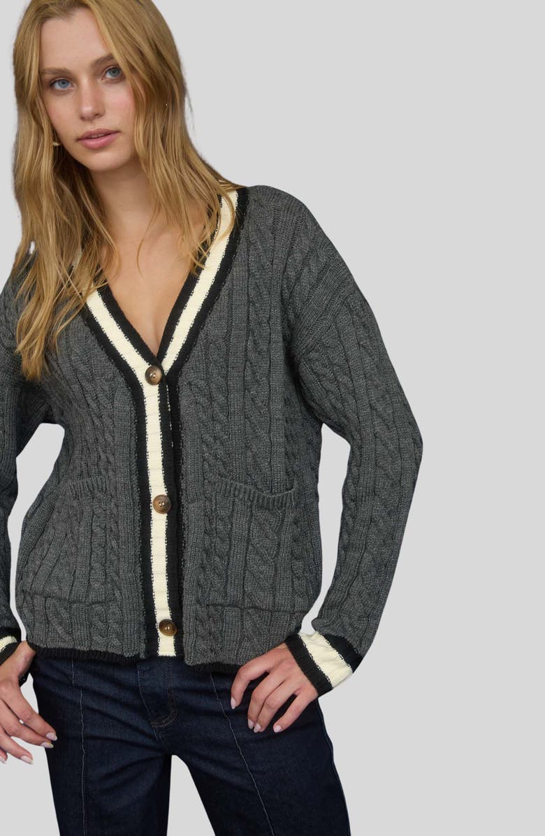 Blu Pepper Stripe Trim Cable Stitch Cardigan, Alternate, color, Grey