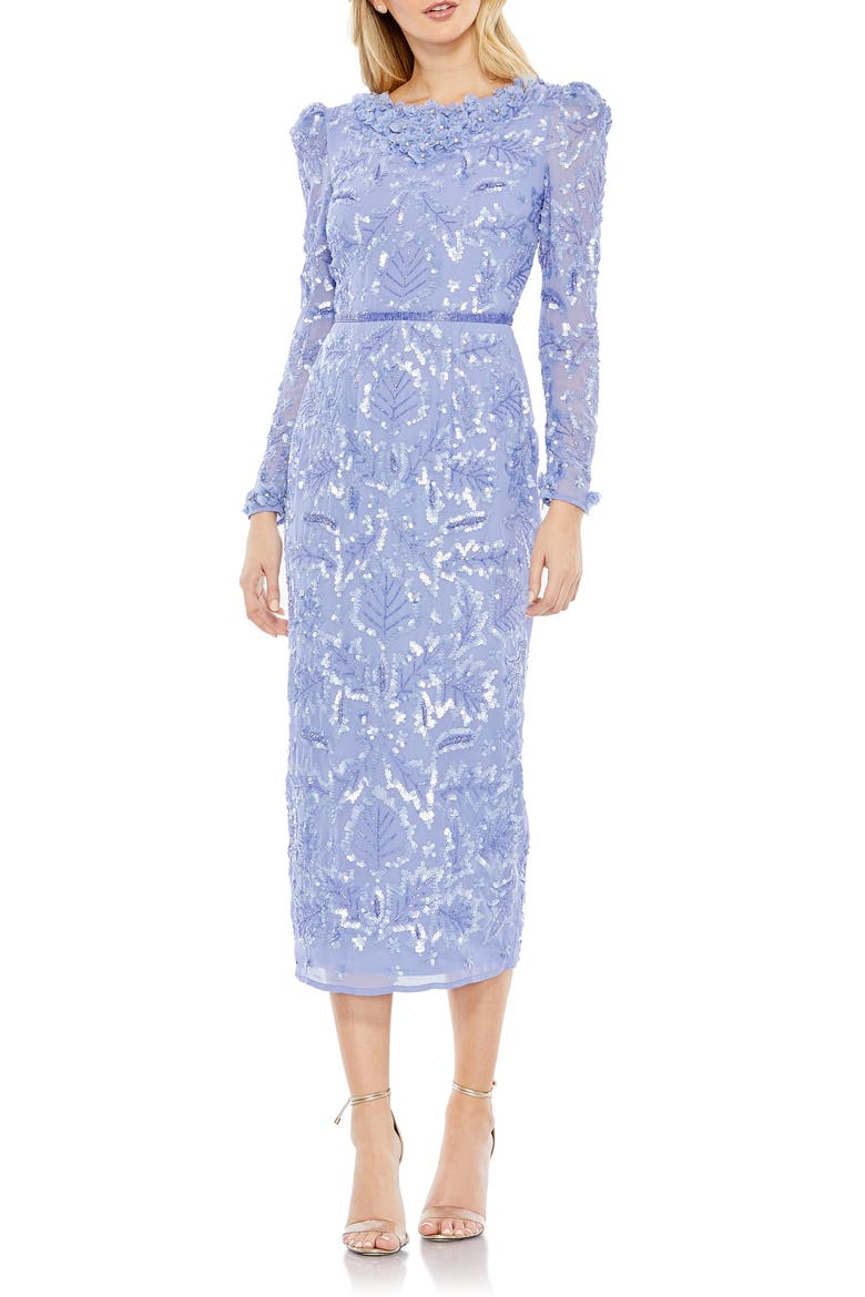 Ruffle Neck Long Sleeve Sequin Midi Dress, Main, color, PERIWINKLE