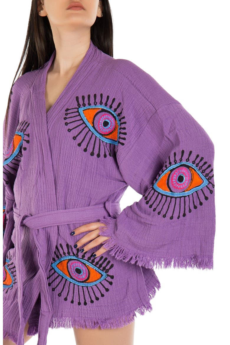 Sereia Evil Eye Handmade Cotton Short Robe Cover-Up, Alternate, color, Purple