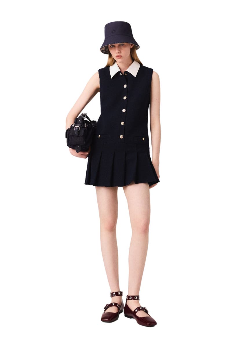 maje Mini tweed dress with removable collar, Main, color, Navy