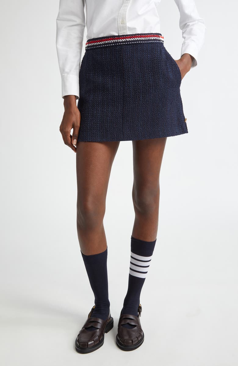 Thom Browne Side Tab Tweed Miniskirt, Main, color, Navy