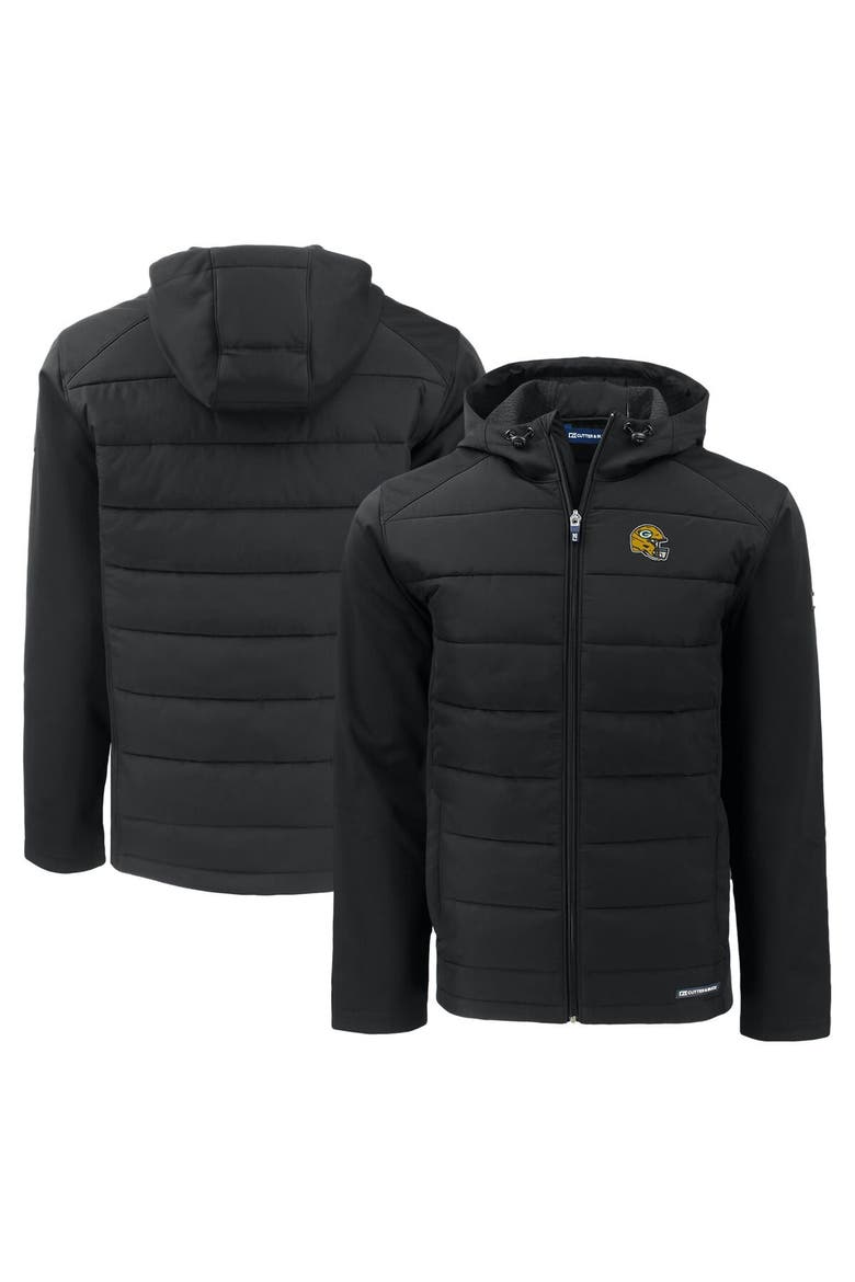 Men's Cutter & Buck Black Green Bay Packers Helmet Evoke Hybrid Eco Softshell Recycled Full-Zip Hoodie Jacket, Main, color, Black