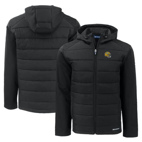 Men's Cutter & Buck Black Green Bay Packers Helmet Evoke Hybrid Eco Softshell Recycled Full-Zip Hoodie Jacket