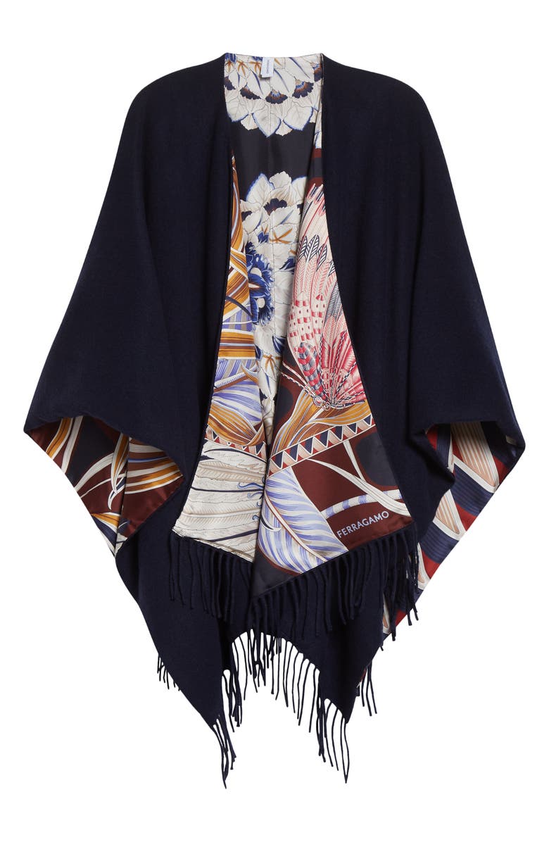 FERRAGAMO Giada Print Silk & Cashmere Blend Reversible Cape, Alternate, color, 