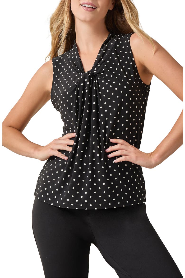 Polka Dot Knot Front Sleeveless Jersey Top, Main, color, BLACK/ VANILLA ICE