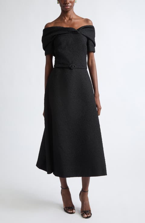 Slubby Off the Shoulder Tweed Midi Dress