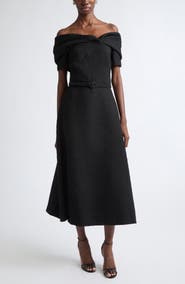 Oscar de la Renta Slubby Off the Shoulder Tweed Midi Dress