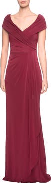 La Femme Ruched Jersey Long Gown with V-Neckline