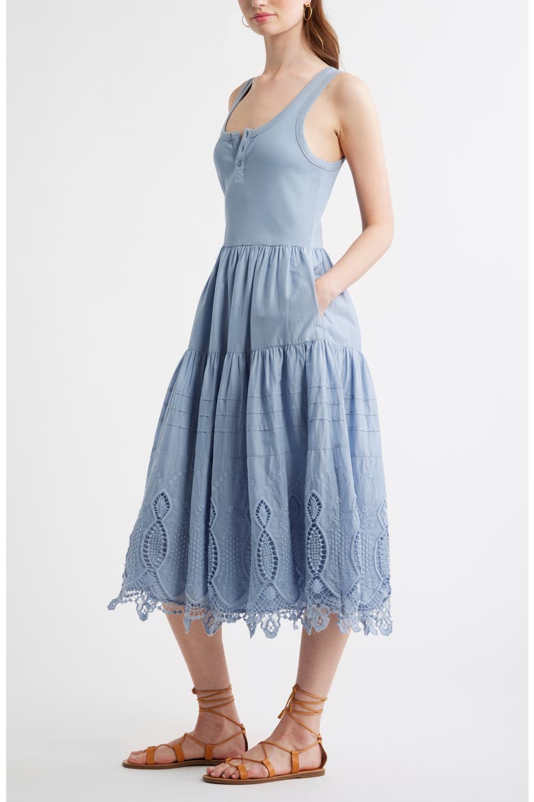 Embroidered Mixed Media Henley Tank Dress, Alternate, color, BLUE BLIZZARD
