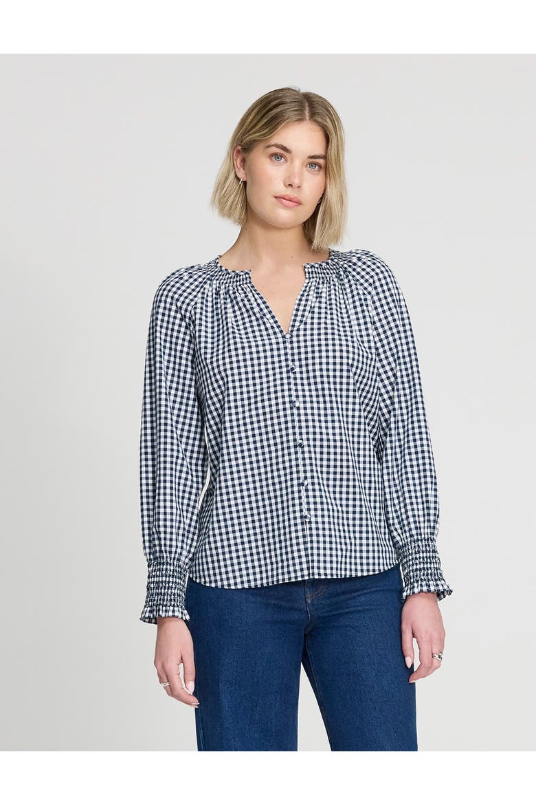 Sandy Cotton Gingham Long Sleeve Blouse, Main, color, Navy Gingham