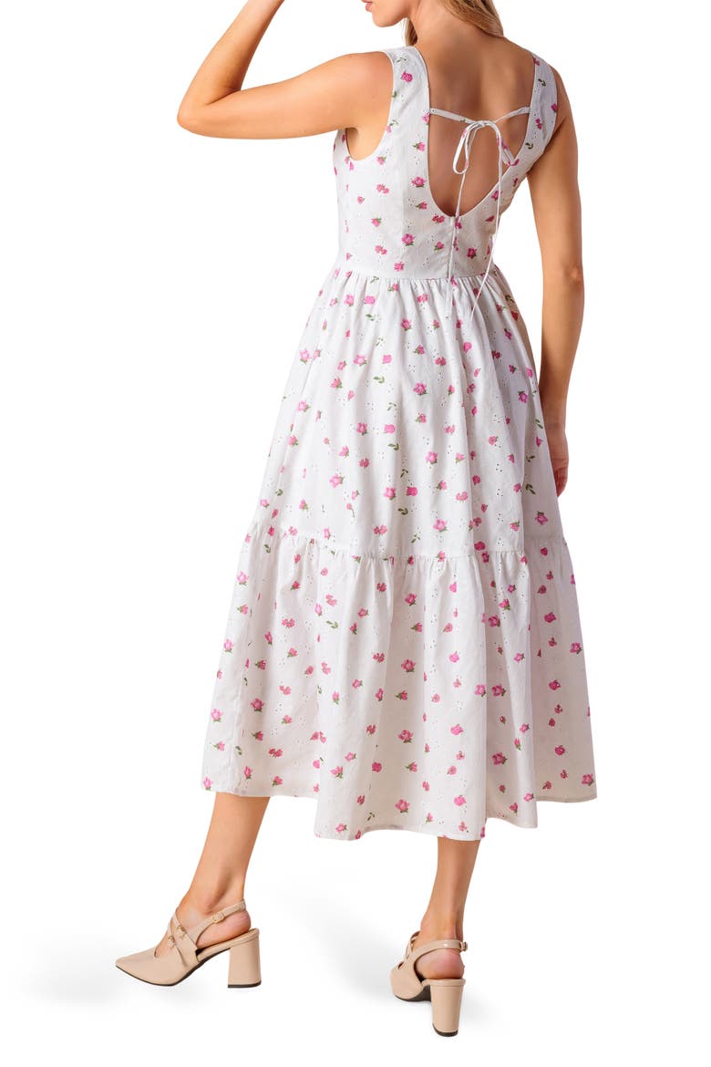 Floral Embroidered Eyelet Cotton Blend Fit & Flare Dress, Alternate, color, WHITE/ PINK