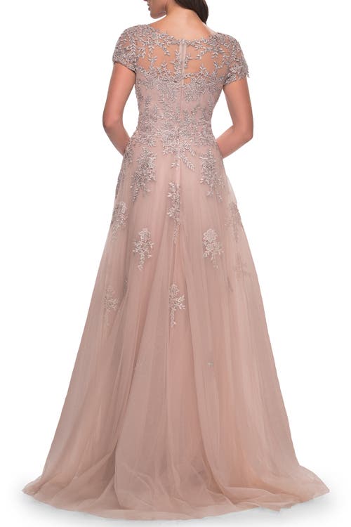 La Femme A-line Tulle Gown With Lace Applique And Short Sleeves In Mauve
