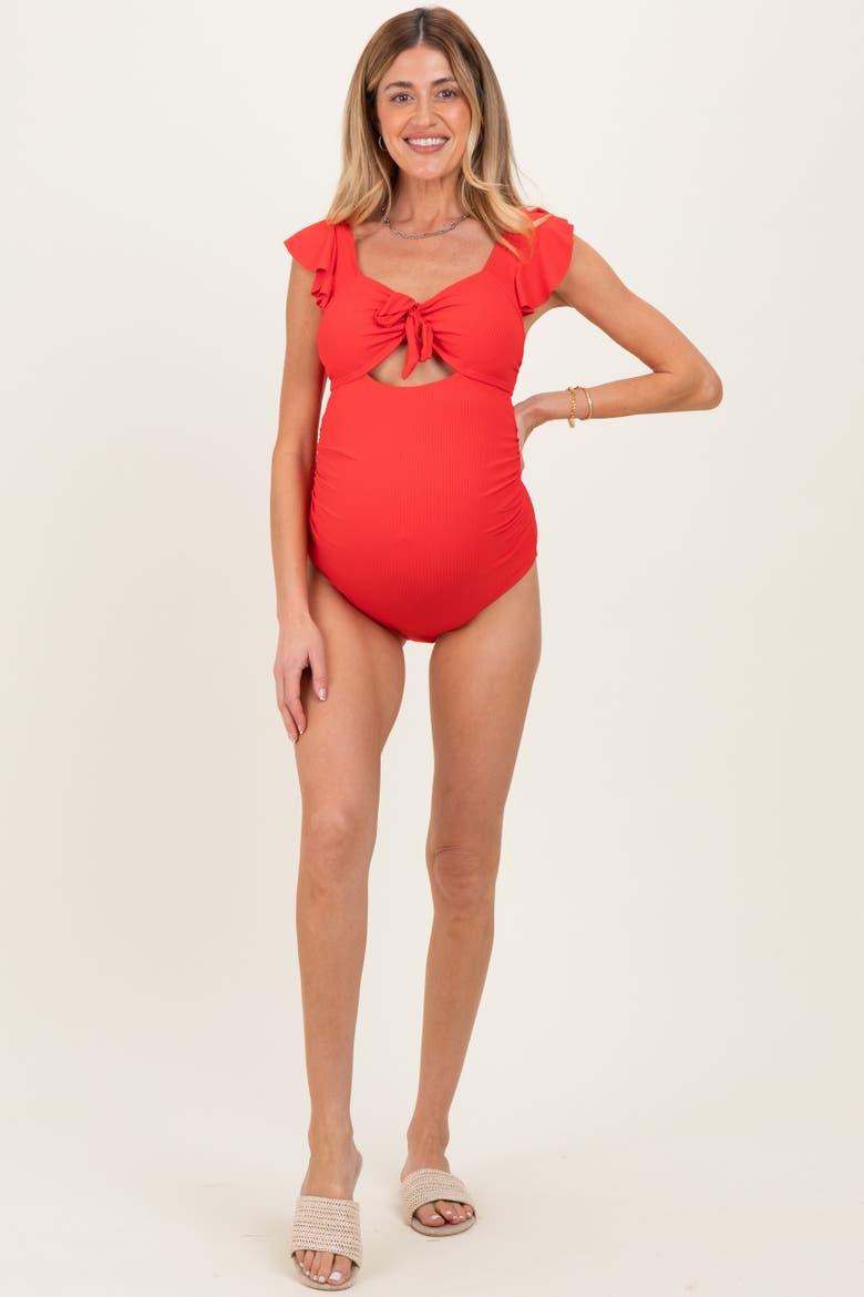 Ribbed Front Tie Cutout Ruched Maternity Swimsuit, Main, color, Red