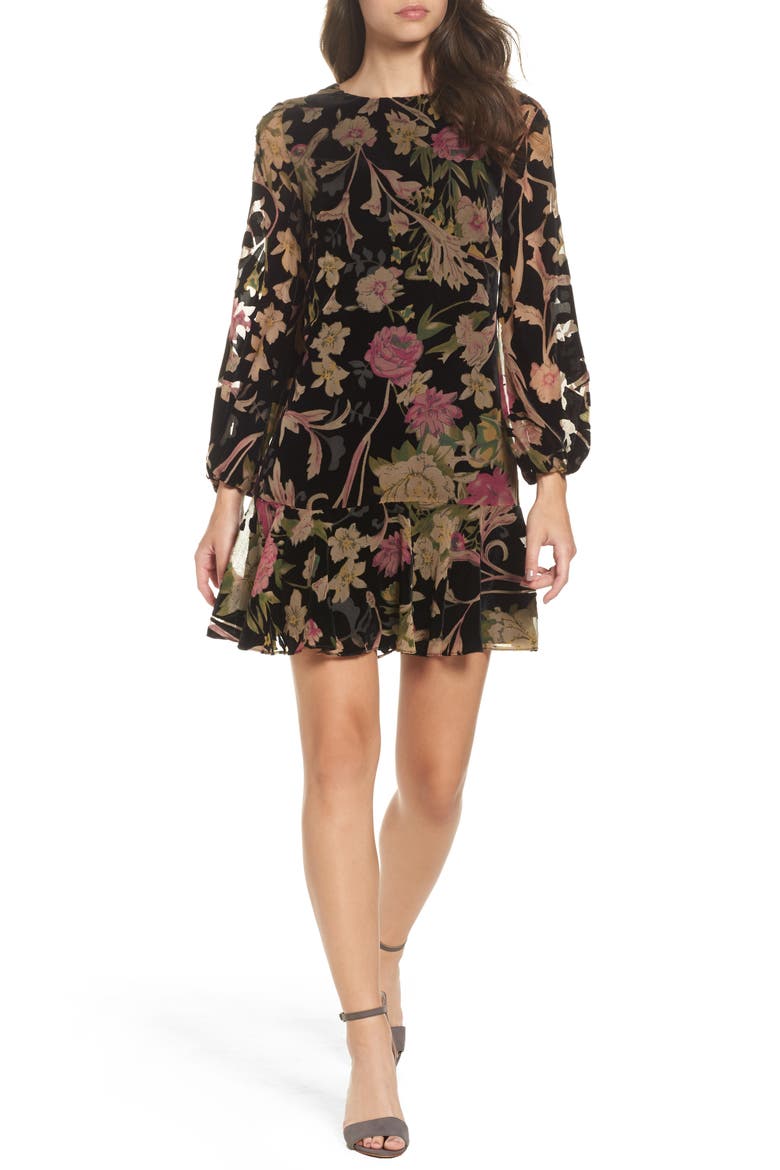 Floral Print Velvet Shift Dress, Main, color, BLACK