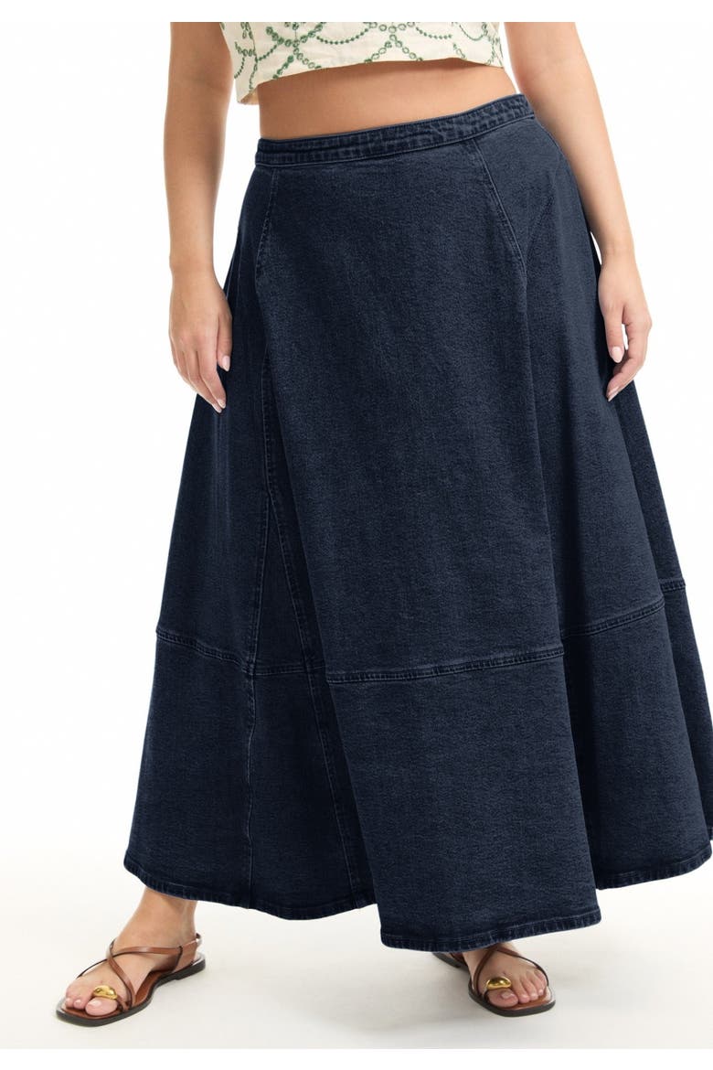 Fit-And-Flare Denim Midi Skirt, Alternate, color, DARK RINSE