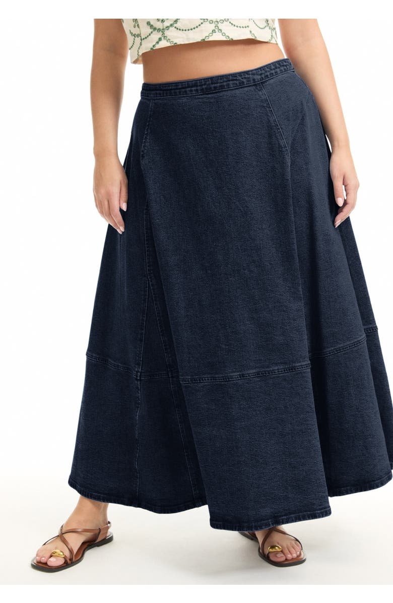June + Vie Fit-And-Flare Denim Midi Skirt, Alternate, color, Dark Rinse