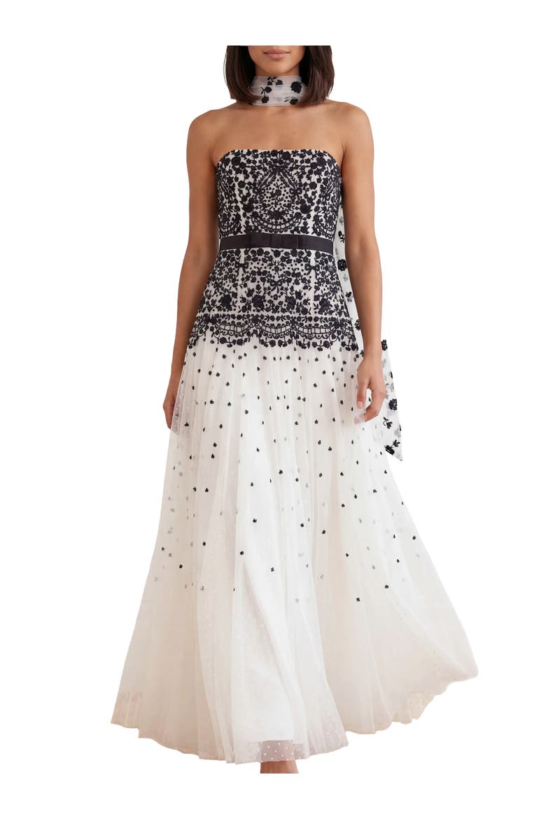 Romantic Lace Strapless Ball Gown, Main, color, Chalk/Graphite