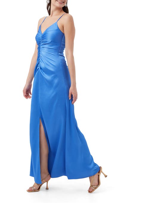 Trina Turk Tulipe Ruched Satin Maxi Dress In Beach Ball Blue