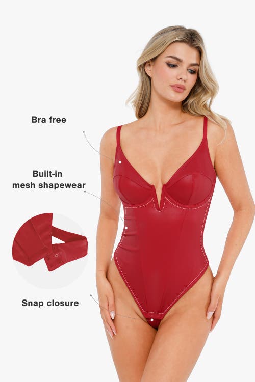 Popilush Shapewear Faux Leather Plunging V Sculpting Corset Bodysuit In Brick