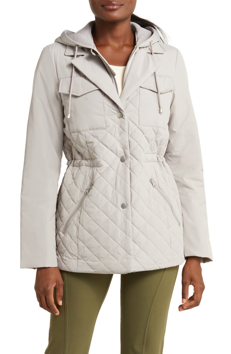 Zella Active Quilted Hooded Jacket, Main, color, Grey Pebble