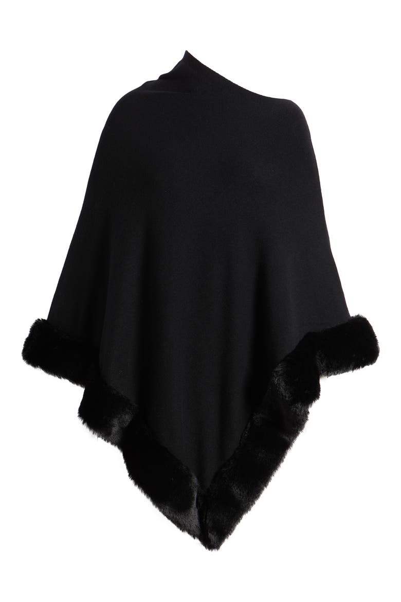 Faux Fur Trim Poncho, Alternate, color, ANNE BLACK