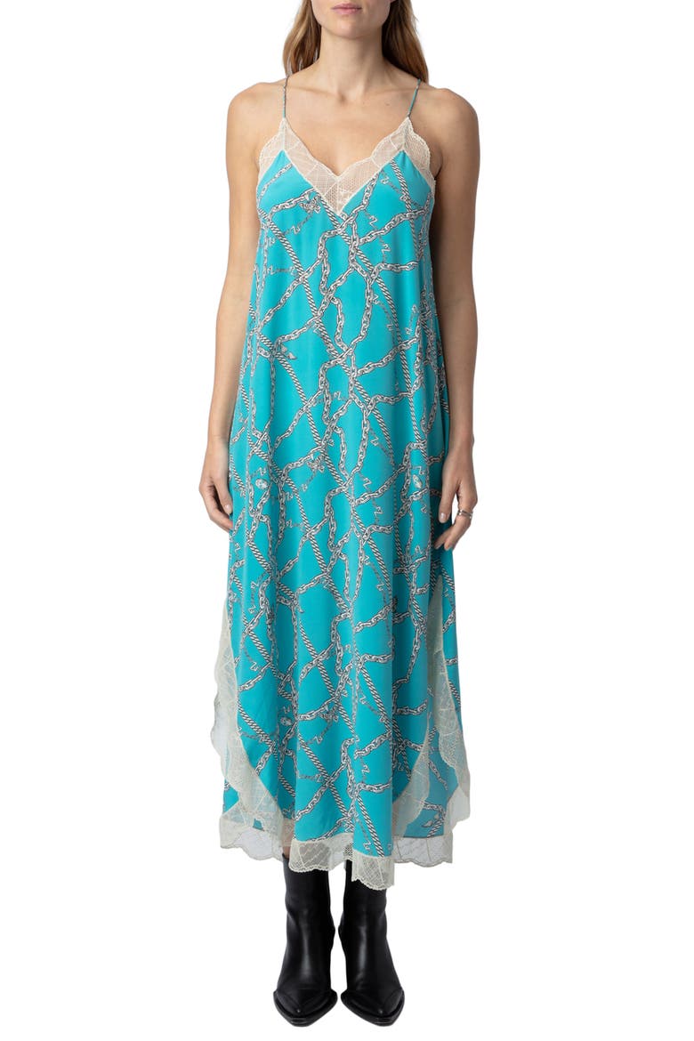 Ristyl Chaines Lace Trim Silk Maxi Dress, Main, color, AQUA