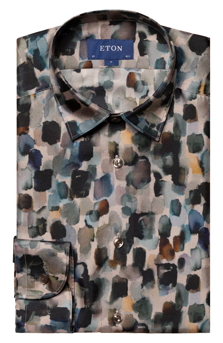 Eton Slim Fit Geometric Print Silk Dress Shirt, Alternate, color, Light Beige