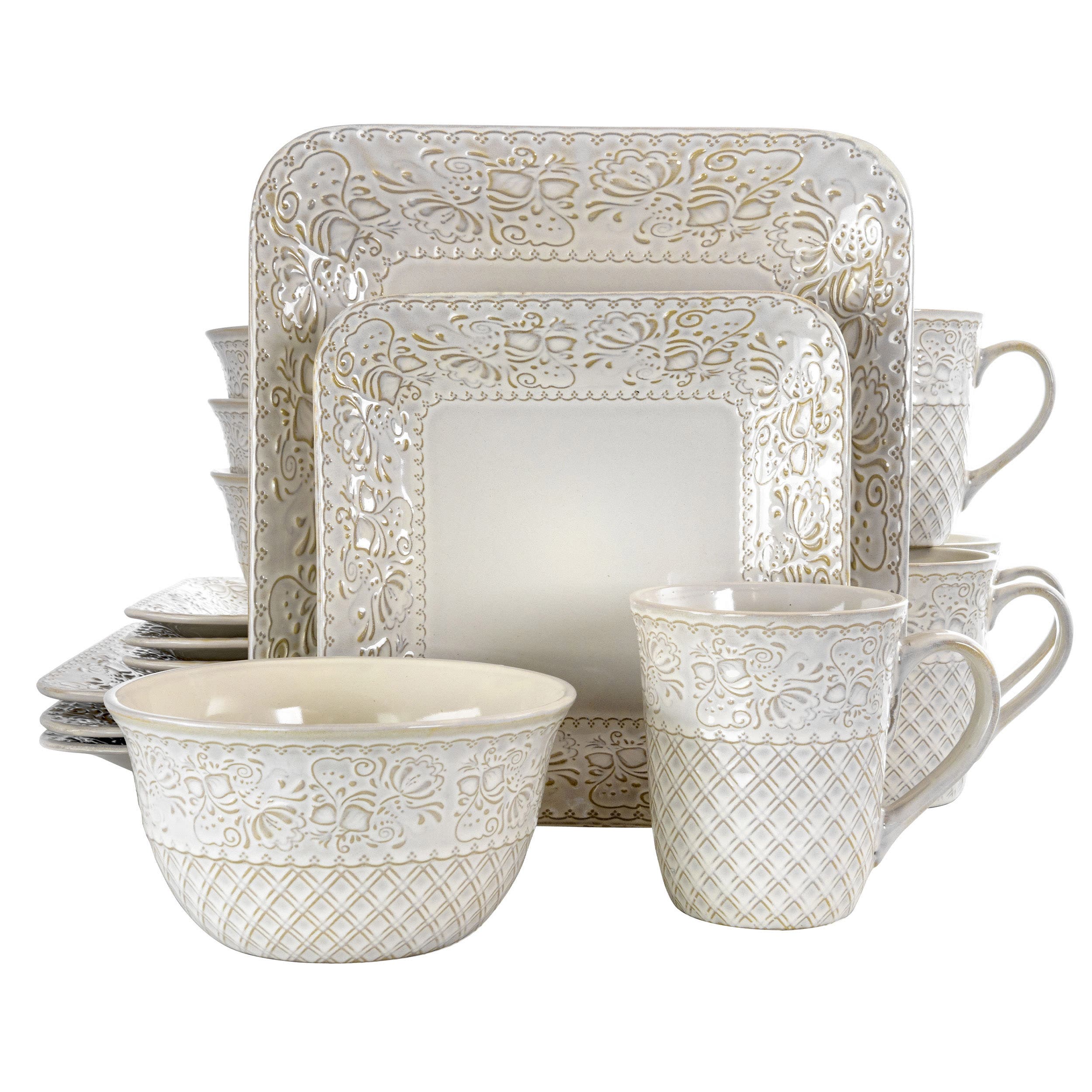 Elama Ivory Lotus 16 Piece Square Dinnerware Set - White