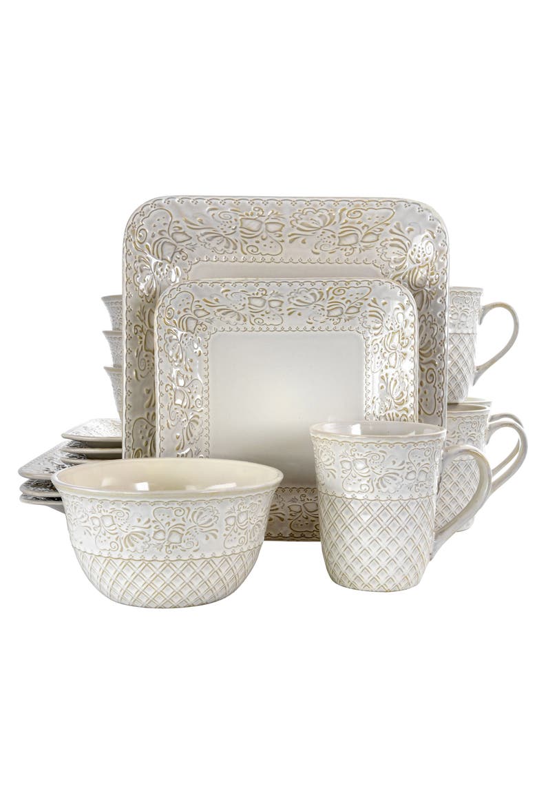 Ivory Lotus 16 Piece Square Dinnerware Set, Main, color, White