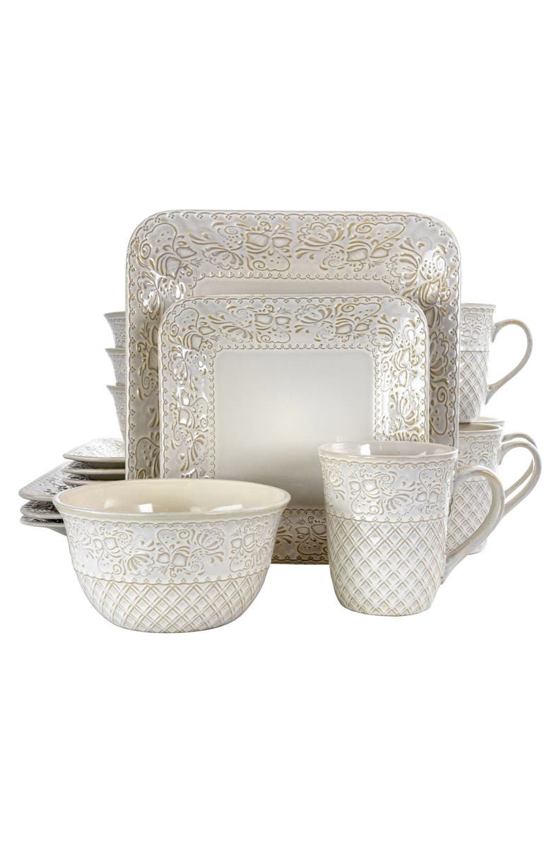 Elama Ivory Lotus 16 Piece Square Dinnerware Set, Main, color, White