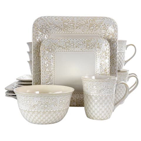 Ivory Lotus 16 Piece Square Dinnerware Set