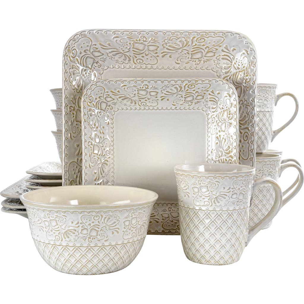 Elama Ivory Lotus 16 Piece Square Dinnerware Set In White