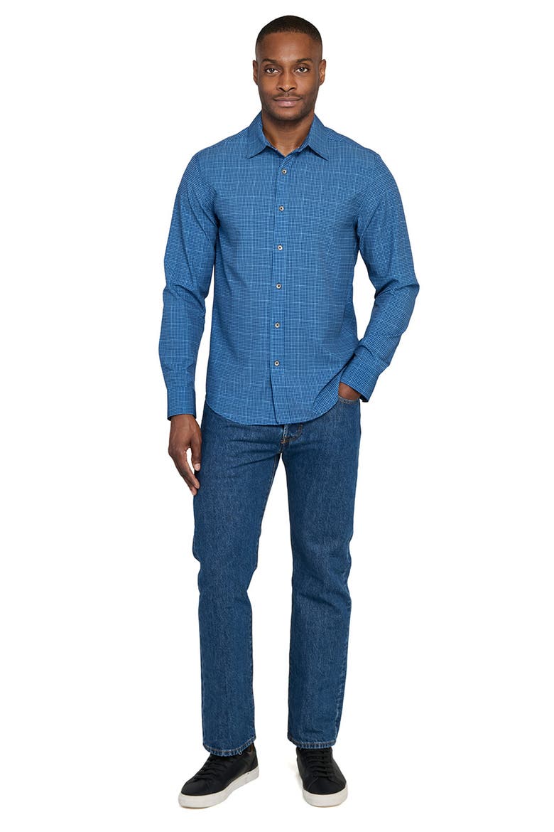 Slim Fit Square Geo Print Performance Button-Up Shirt, Alternate, color, NAVY