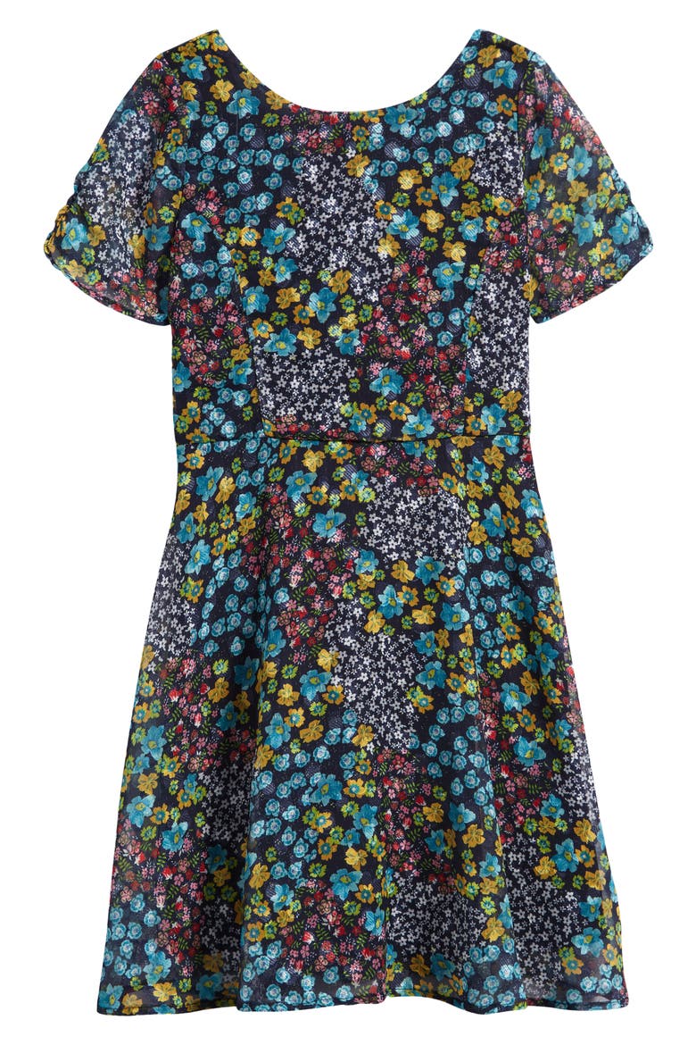 Kids' Floral Tie Back Skater Dress, Main, color, BLACK MULTI