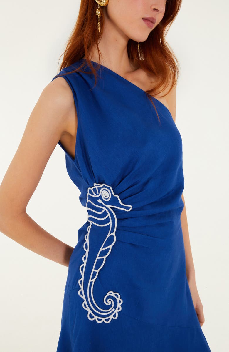 FARM Rio Embroidered Seahorse One-Shoulder Linen Dress, Alternate, color, Blue