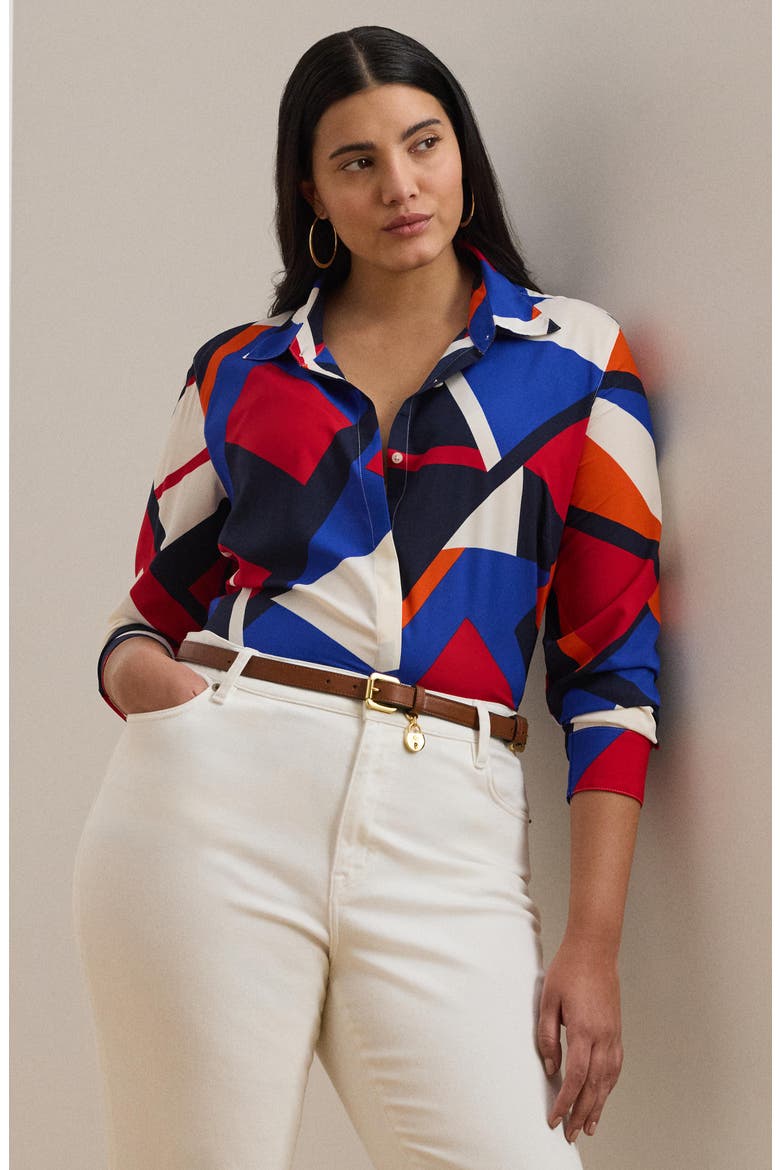 Print Crêpe de Chine Button-Up Shirt, Alternate, color, BLUE MULTI