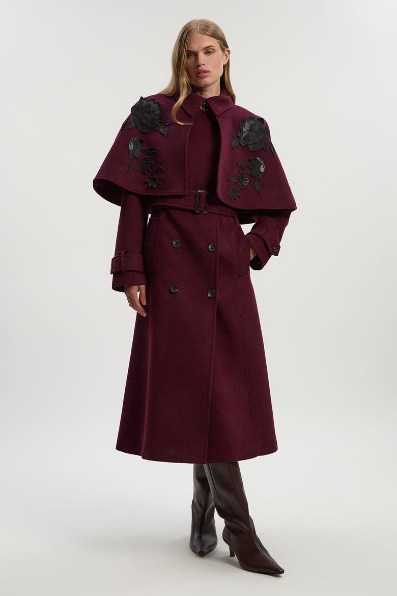 Tailored Funnel-Neck Cape Midi Coat, Main, color, Burgundy